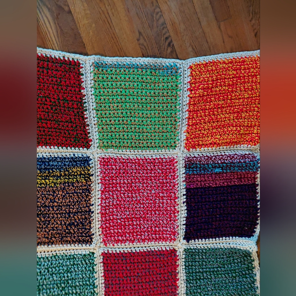 Vintage 70s Crochet Granny Square Panels Handmade Afghan Blanket Retro Boho - Picture 6 of 12